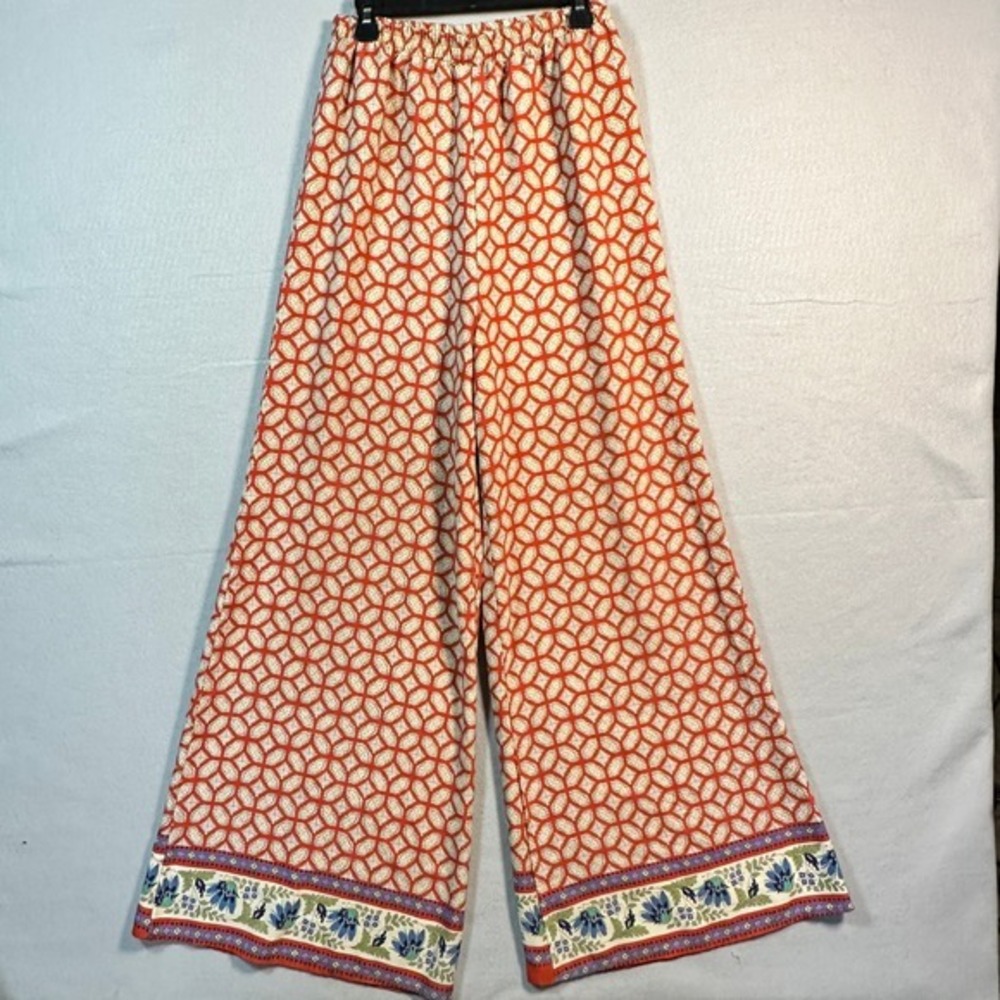 Alya Geometric Floral Border Wide Leg Palazzo Boho Beach Pants Cottage Hippie
